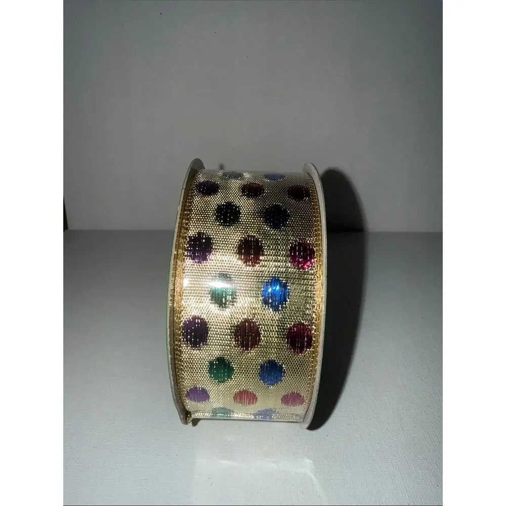 Ribbon Bow-tique Wired-Edge Gold Ribbon with Multicolor Metallic Dots